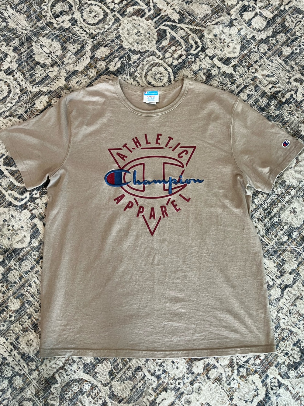 Champion Short Sleeve Tee in Taupe with Navy & Burgundy Logo